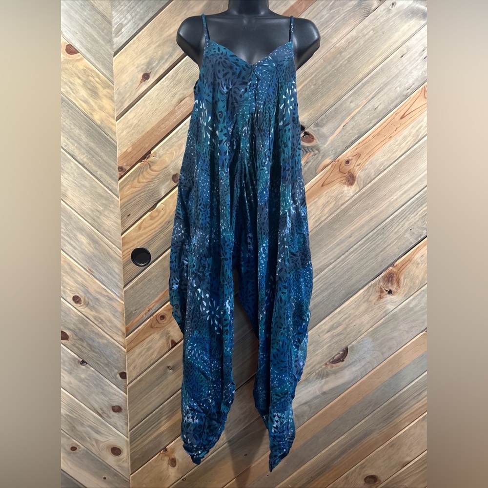 Free People Blue Green Ocean Splash Pattern Pocketed Wide Butterfly Leg Jumpsuit